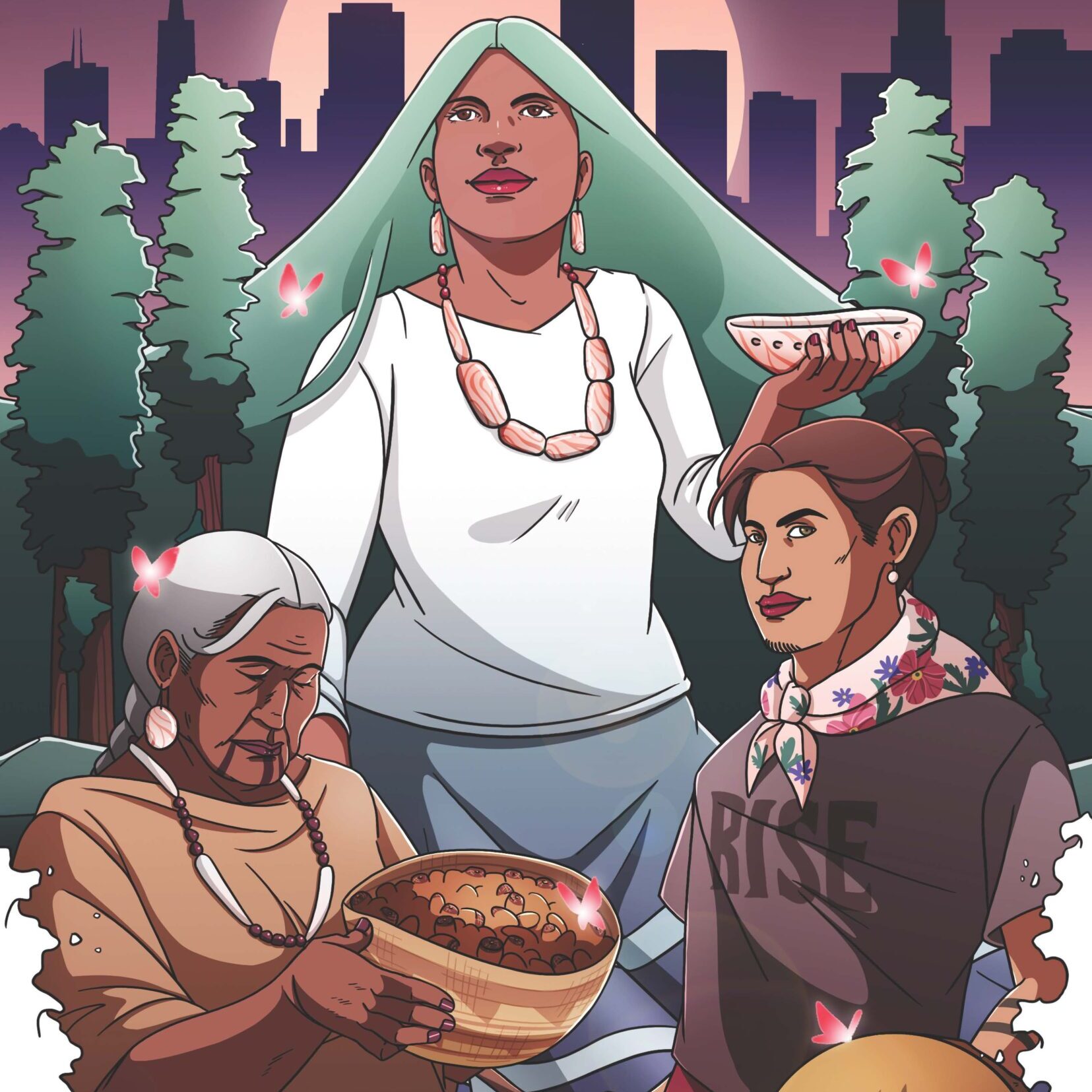 Artist: Jackie Fawn. This illustration is of a woman standing strong with the medicines our ancestors prayed with, a Two Spirit youth holding the drum and songs of our ancestors and wearing red for our MMIP (Murdered and Missing Indigenous Peoples), and of an elder, who has carried the knowledge of our ancestors for us to carry into future generations.